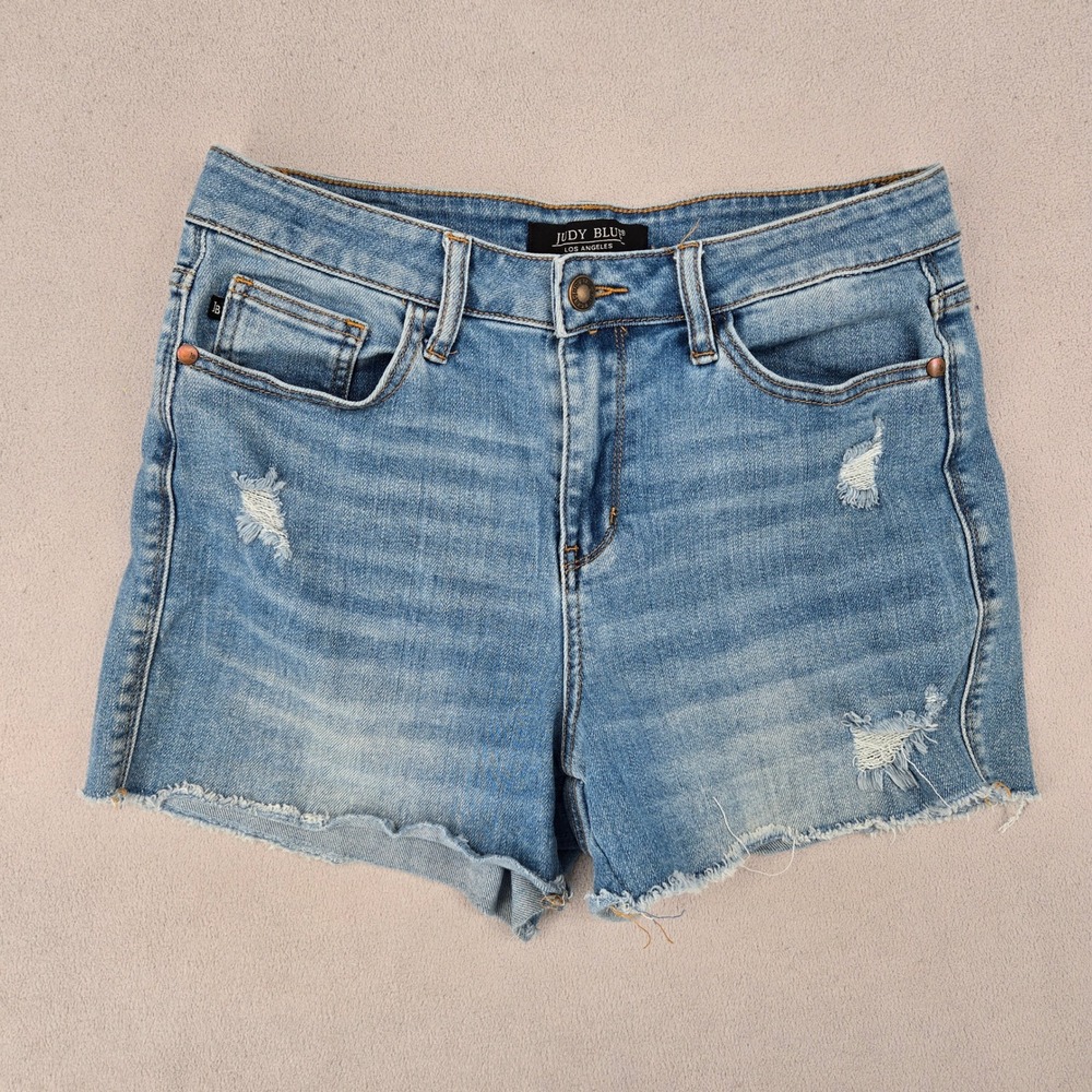 Judy Blue Womens Medium Light Wash Distressed Raw Hem Denim Shorts JB150059